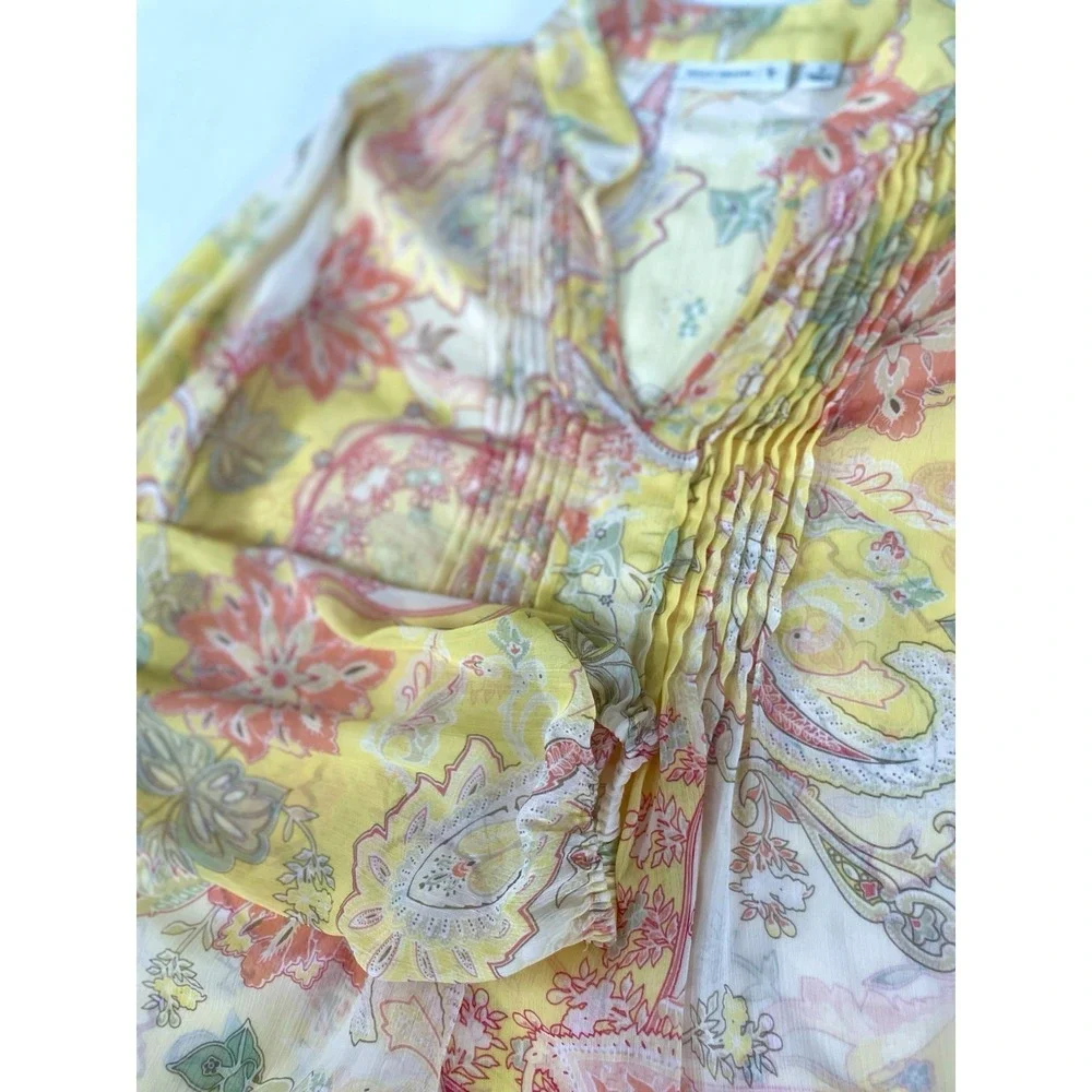 Susan Graver Blouse Popover V-neck Top Size S Yellow Colorful Semi Sheer Floral - Picture 5 of 14
